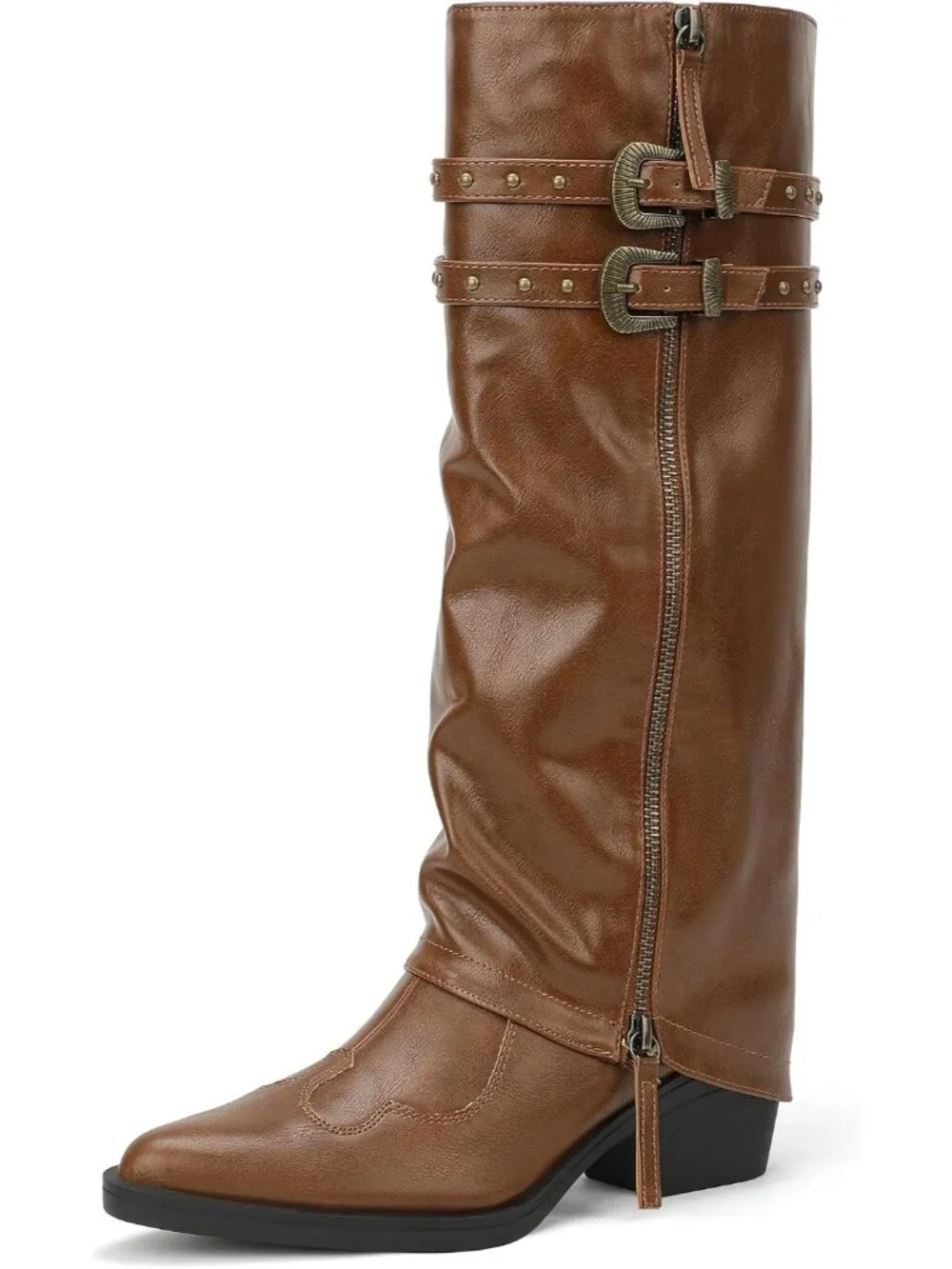 Women's Brown pu Manmade Knee High Fold Over Studded Chunky Heel Shark Boots